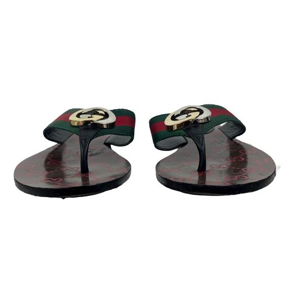 Gucci Kika GG Logo Web Thong Sandal Green Red Stripe Size 37 - Picture 3 of 11